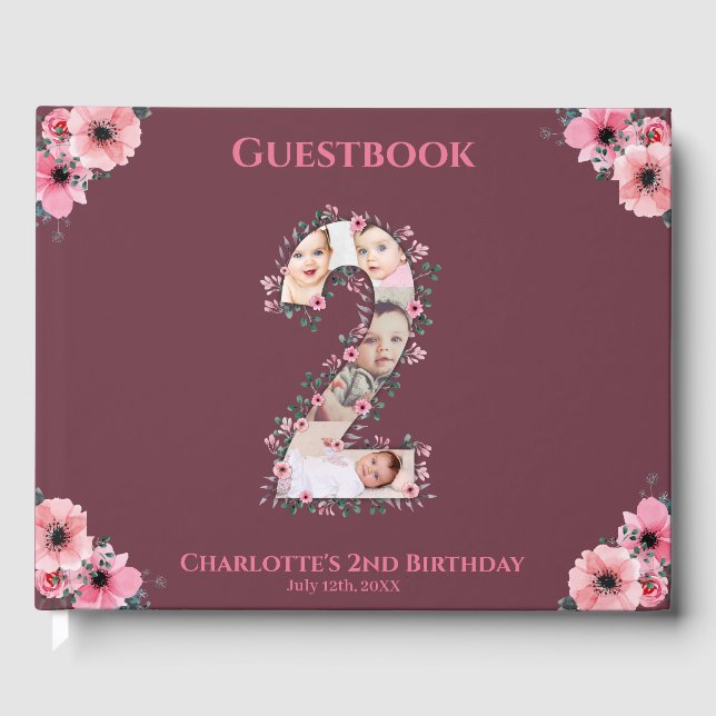 Big 2nd Birthday Photo Collage Flower Girl Pink Guest Book (Front)