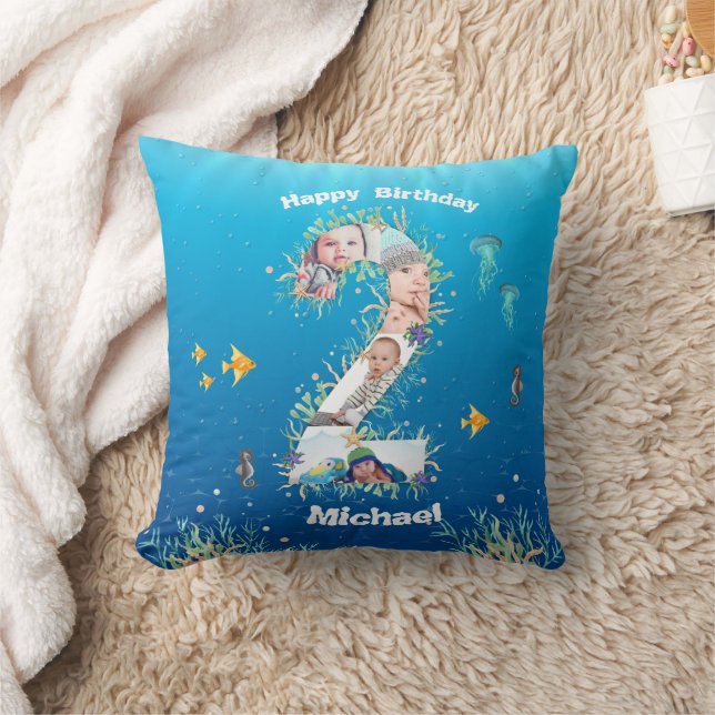 Big 2nd Birthday Photo Collage Under The Sea Cushion (Blanket)