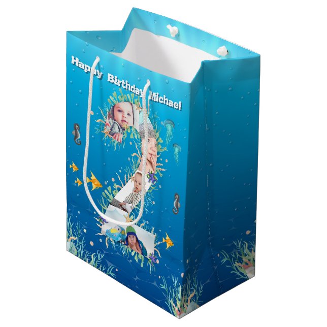 Big 2nd Birthday Photo Collage Under The Sea Medium Gift Bag (Front Angled)