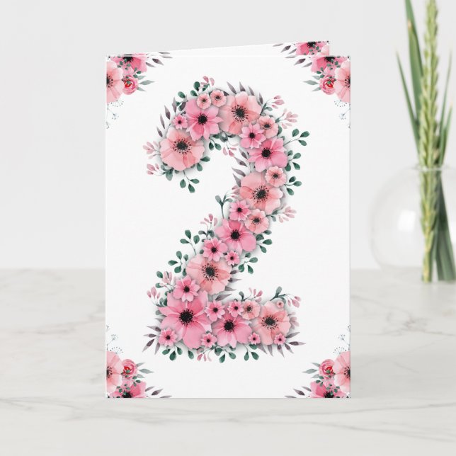 Big 2nd Birthday Pink Flowers Green Foliage Girl Card (Front)