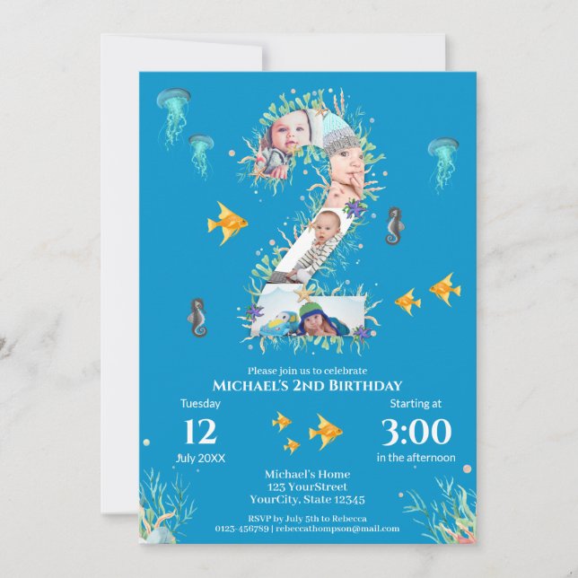 Big 2nd Photo Collage Birthday Under The Sea Invitation (Front)