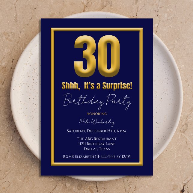 Big 30 Surprise Birthday Party Navy Blue Invitation (Creator Uploaded)