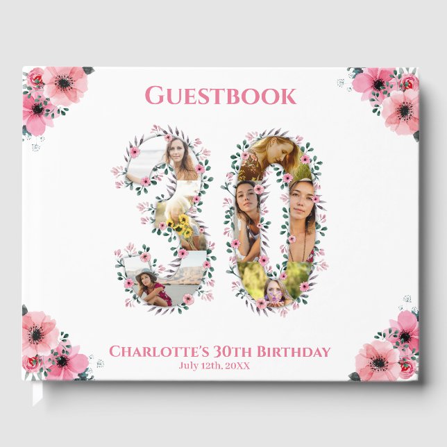 Big 30th Birthday Photo Collage Flower Girl White Guest Book (Front)