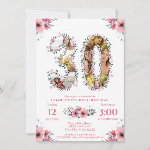 Big 30th Birthday Photo Collage Pink Flower White Invitation