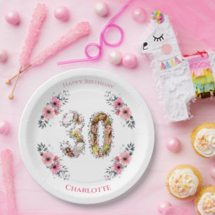 Big 30th Birthday Photo Collage Pink Flower White Paper Plate