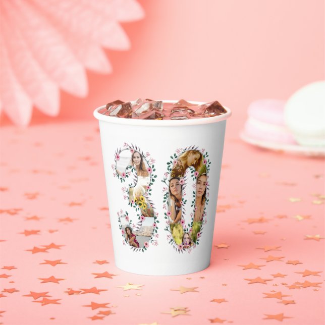 Big 30th Birthday Pink Flower Photo Collage White Paper Cups (Insitu)