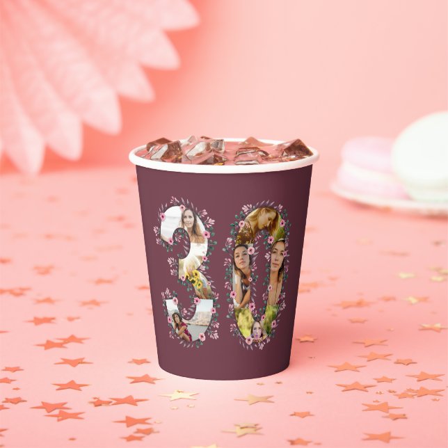 Big 30th Birthday Pink Flower Photo Collage Woman Paper Cups (Insitu)