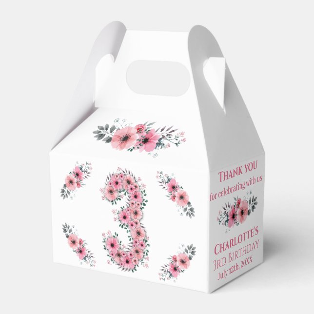 Big 3rd Birthday Girl Green Foliage Pink Flowers Favour Box (Front Side)