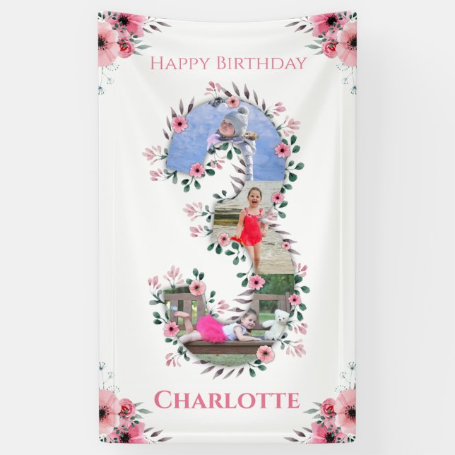 Big 3rd Birthday Girl Photo Collage Pink Flower Banner (Vertical)