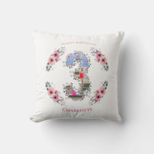 Big 3rd Birthday Girl Photo Collage Pink Flower Cushion