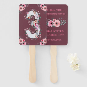 Big 3rd Birthday Girl Photo Collage Pink Flower Hand Fan