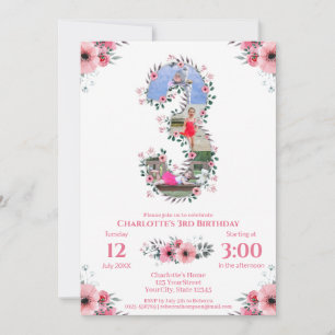Big 3rd Birthday Girl Photo Collage Pink Flower Invitation