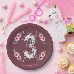 Big 3rd Birthday Girl Photo Collage Pink Flower Paper Plate