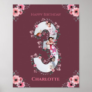 Big 3rd Birthday Girl Photo Collage Pink Flower Poster