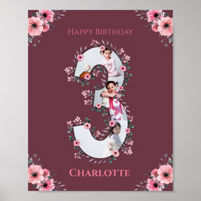 Big 3rd Birthday Girl Photo Collage Pink Flower Poster (Front)