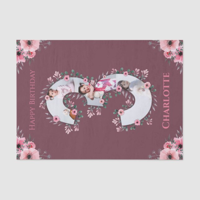 Big 3rd Birthday Girl Photo Collage Pink Flower Tissue Paper (Front)