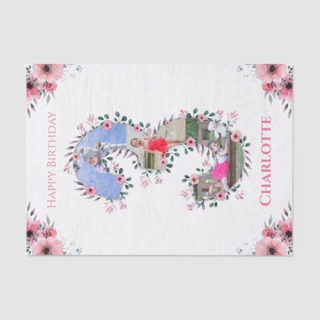 Big 3rd Birthday Girl Photo Collage Pink Flower Tissue Paper (Front)