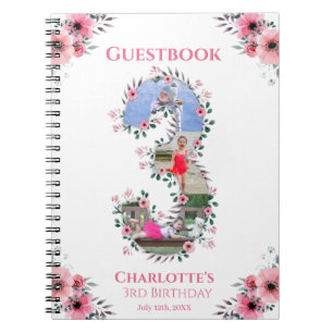 Big 3rd Birthday Girl Photo Pink Flower Guest Book
