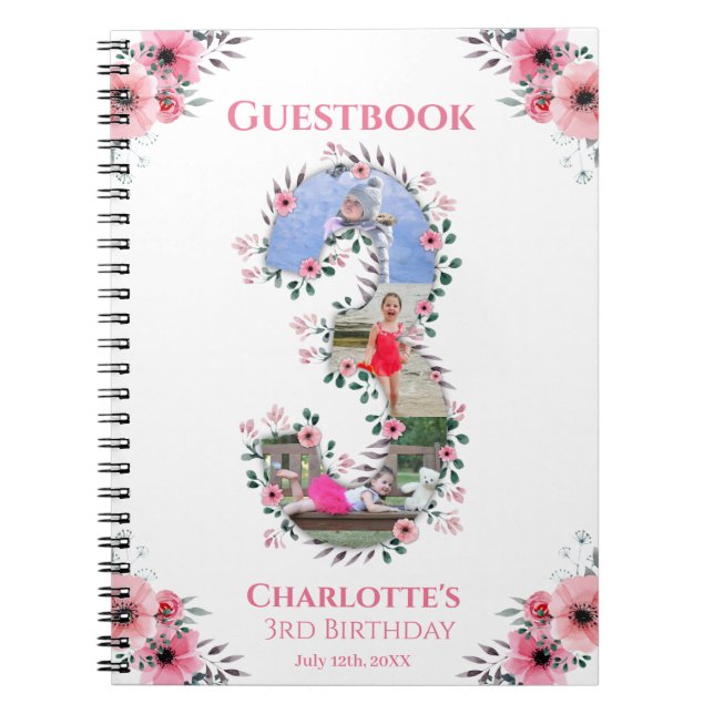Big 3rd Birthday Girl Photo Pink Flower Guest Book (Front)