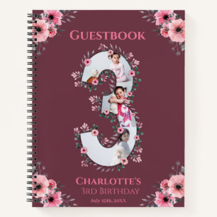 Big 3rd Birthday Girl Photo Pink Flower Guest Book
