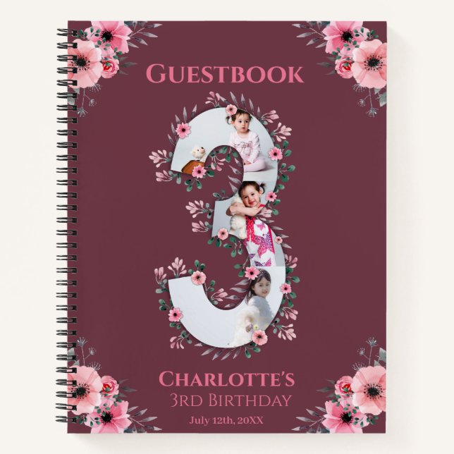 Big 3rd Birthday Girl Photo Pink Flower Guest Book (Front)