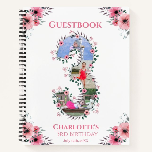 Big 3rd Birthday Girl Photo Pink Flower Guest Book (Front)