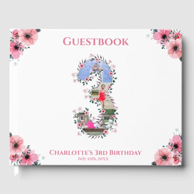 Big 3rd Birthday Photo Collage Flower Girl White Guest Book (Front)