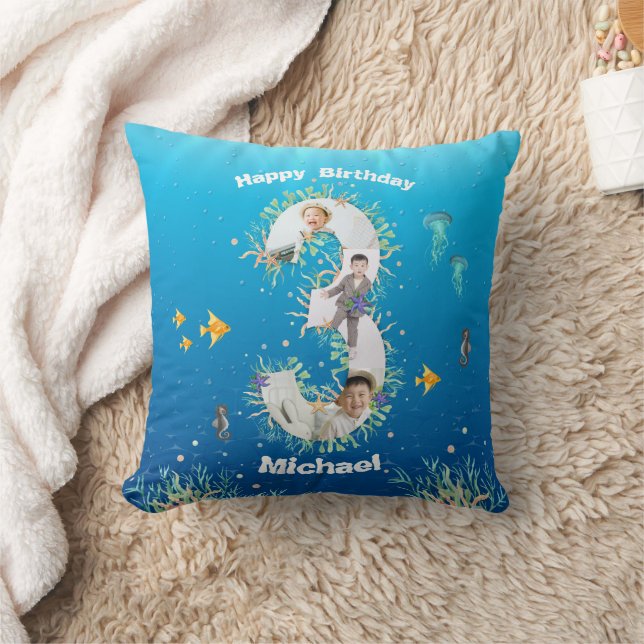 Big 3rd Birthday Photo Collage Under The Sea Cushion (Blanket)