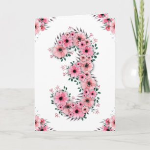 Big 3rd Birthday Pink Flowers Green Foliage Girl Card