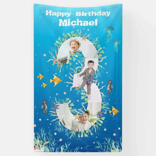 Big 3rd Birthday Under The Sea Photo Collage Banner (Vertical)