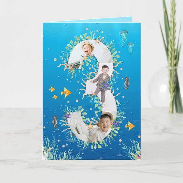 Big 3rd Birthday Under The Sea Photo Collage Card (Front)
