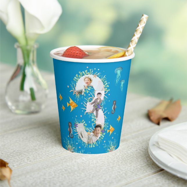 Big 3rd Under The Sea Birthday Photo Collage Paper Cups (Insitu)