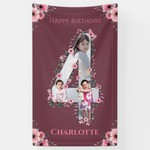 Big 4th Birthday Girl Photo Collage Pink Flower Banner