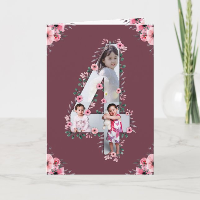Big 4th Birthday Girl Photo Collage Pink Flower Card (Front)