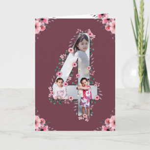 Big 4th Birthday Girl Photo Collage Pink Flower Card