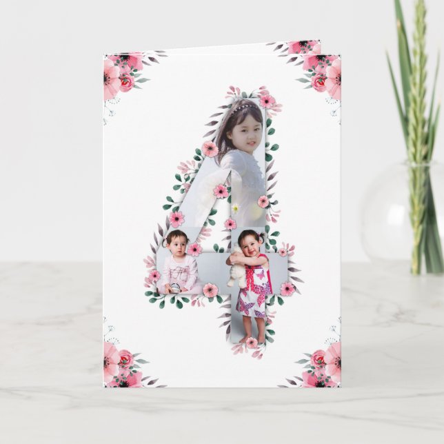 Big 4th Birthday Girl Photo Collage Pink Flower Card (Front)