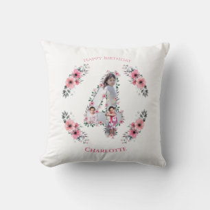 Big 4th Birthday Girl Photo Collage Pink Flower Cushion