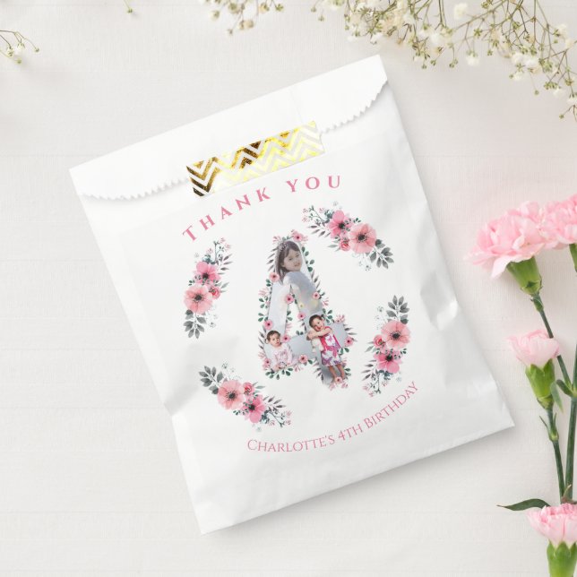 Big 4th Birthday Girl Photo Collage Pink Flower Favour Bags (Sealed)