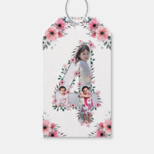 Big 4th Birthday Girl Photo Collage Pink Flower Gift Tags