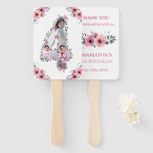 Big 4th Birthday Girl Photo Collage Pink Flower Hand Fan