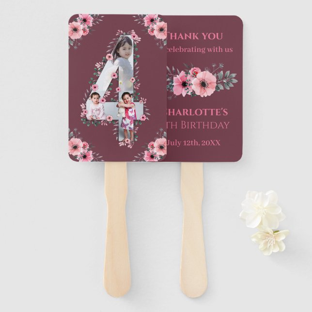 Big 4th Birthday Girl Photo Collage Pink Flower Hand Fan (Front and Back)