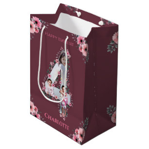 Big 4th Birthday Girl Photo Collage Pink Flower Medium Gift Bag