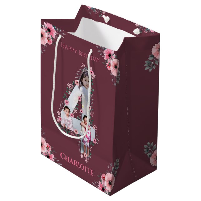 Big 4th Birthday Girl Photo Collage Pink Flower Medium Gift Bag (Front Angled)