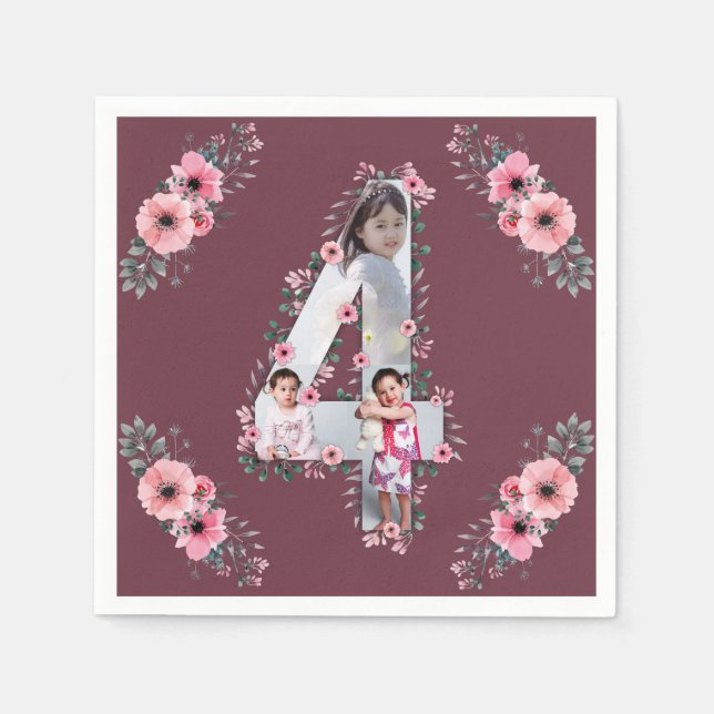 Big 4th Birthday Girl Photo Collage Pink Flower Napkin (Front)