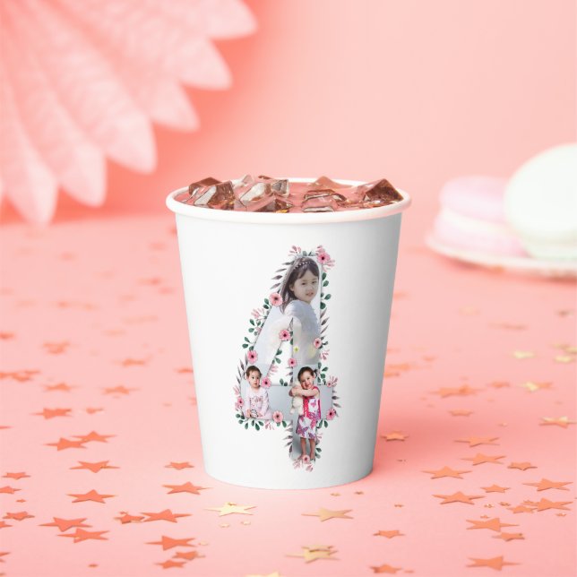 Big 4th Birthday Girl Photo Collage Pink Flower Paper Cups (Insitu)