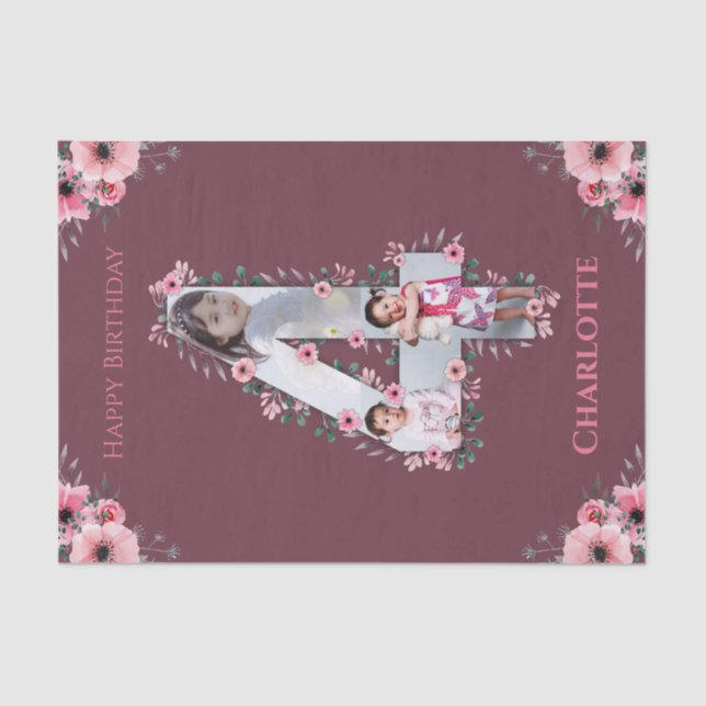 Big 4th Birthday Girl Photo Collage Pink Flower Tissue Paper (Front)