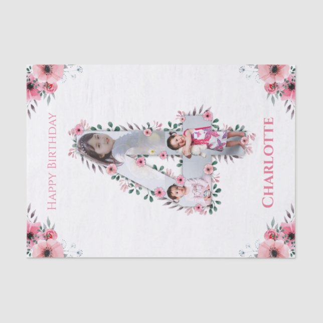 Big 4th Birthday Girl Photo Collage Pink Flower Tissue Paper (Front)