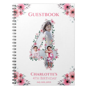 Big 4th Birthday Girl Photo Pink Flower Guest Book