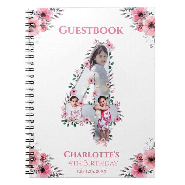 Big 4th Birthday Girl Photo Pink Flower Guest Book (Front)