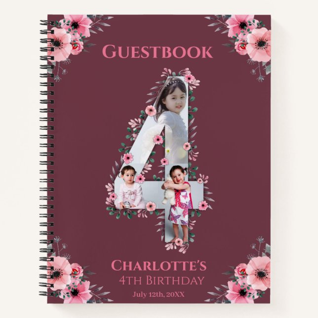 Big 4th Birthday Girl Photo Pink Flower Guest Book (Front)